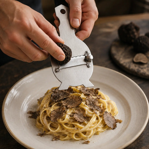 Affettatartufi regolabile in acciaio inox che crea sottili scaglie di tartufo fresco sulla pasta calda