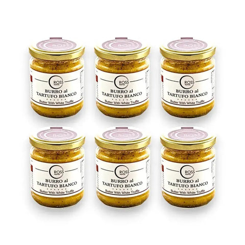 Six-pack of Boss White Truffle Butter jars in Gourmet Edition with black truffle flavor