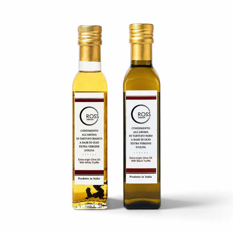 Due 250 ml bottiglie di Terra Ross olio d'oliva aromatizzato al tartufo bianco e nero