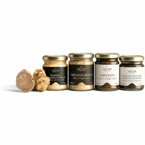 Confezione regalo Desirée al tartufo premium con olio d'oliva al tartufo bianco, salsa al tartufo estivo, burro al tartufo e tre creme salate