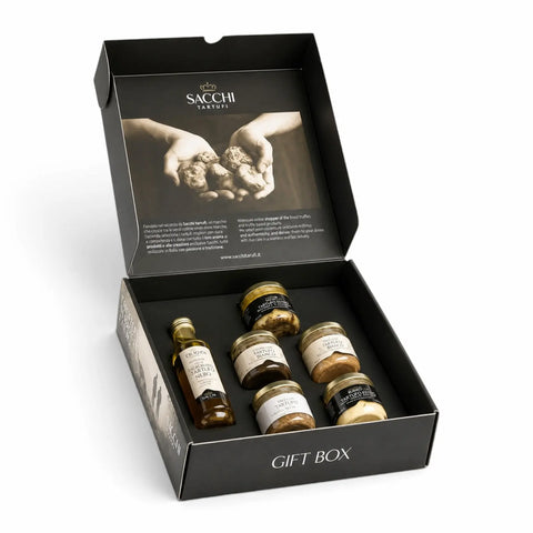 Confezione regalo Open Desirée al tartufo premium con olio d'oliva al tartufo bianco, salsa al tartufo estivo, burro al tartufo e tre creme salate