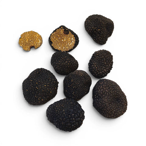 Sette tartufi neri, di cui due metà che mostrano la polpa interna color nocciola dorato, disposti su uno sfondo bianco uniforme.