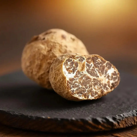 Tuber borchii di Categoria EXTRA freschi, con un esemplare tagliato che mostra l’interno marrone naturalmente venato