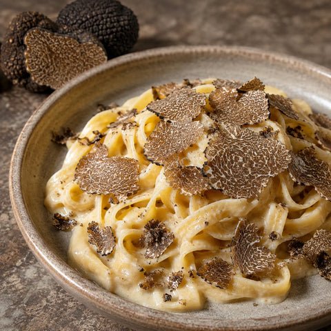 Tartufo di Borgogna congelato – Tuber uncinatum affettato finemente sulla pasta cremosa
