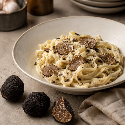 Tuber brumale congelato servito su tagliatelle cremose, con un tartufo tagliato e tartufi interi accanto alla ciotola