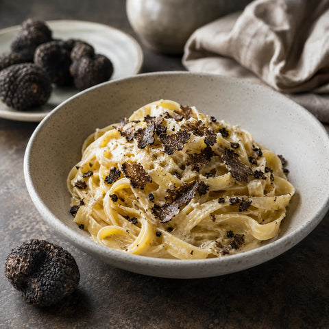 Tuber melanosporum congelato servito su una pasta cremosa in una raffinata presentazione culinaria