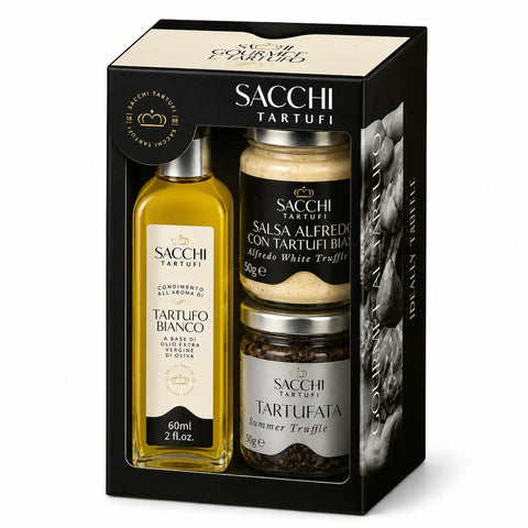 Confezione regalo Tris Gourmet contenente Tartufata, salsa Alfredo al tartufo bianco e olio aromatizzato al tartufo bianco