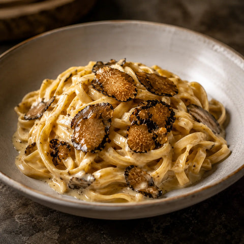 Tuber aestivum fettine di carpaccio di tartufo estivo servite su tagliatelle cremose