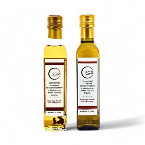 Due bottiglie di olio d'oliva aromatizzato al tartufo nero e bianco Terra Ross