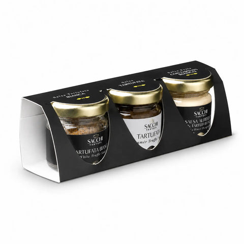 Confezione regalo trilogia contenente Tartufata Bianca, Tartufata Nera e Salsa Alfredo al tartufo bianco in tre vasetti 30 g