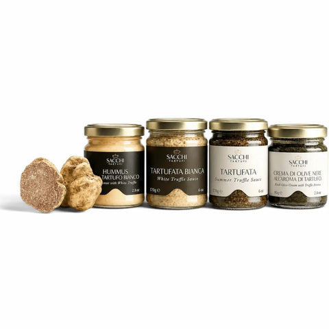 Confezione regalo Trilogy contenente Tartufata Bianca, Tartufata Nera e salsa Alfredo al tartufo bianco in tre vasetti da 30 g