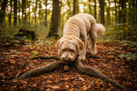 Cane che completa un esercizio di riconoscimento dell'odore del tartufo in un ambiente boschivo