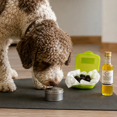Cane da tartufo che esamina un contenitore chiuso per profumi accanto a materiale di tartufo nero fresco e olio d'oliva aromatizzato al tartufo bianco