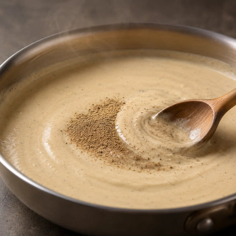 Tuber aestivum truffle powder being incorporated into a creamy sauce for even distribution