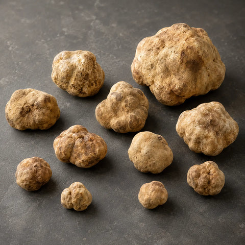 Tartufi bianchi freschi Tuber magnatum selezionati in diverse dimensioni e forme naturali