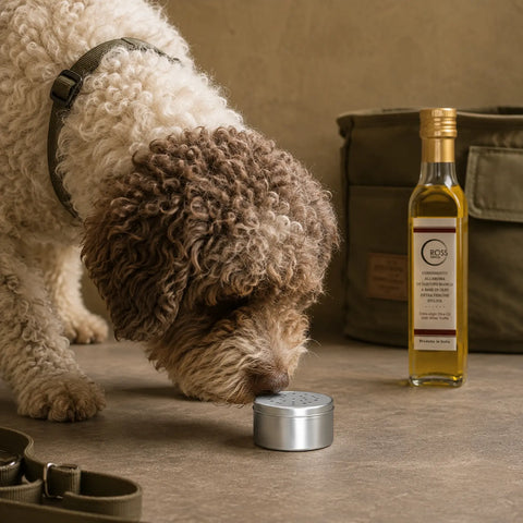 Cane da tartufo che indaga su un contenitore di profumo nascosto durante l'addestramento sull'aroma del tartufo bianco