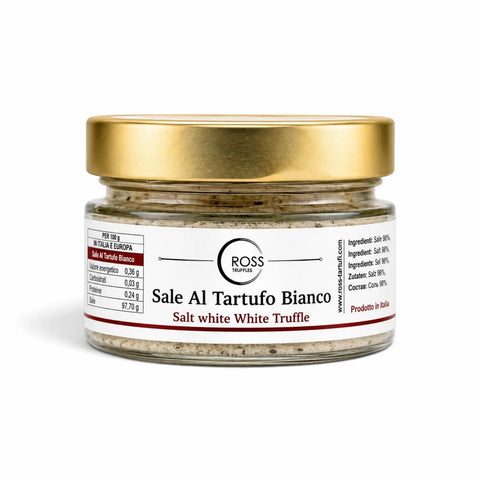 Sale al tartufo bianco con pezzetti di tartufo in barattolo di vetro 120 g con coperchio dorato