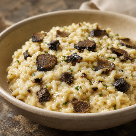 Pezzetti di tartufo Tuber aestivum interi conservati incorporati nel risotto caldo